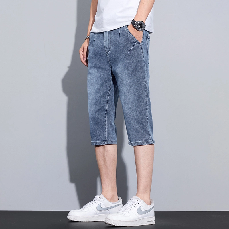 么宁 夏季薄款潮流时尚合身直筒七分裤设计感舒适透气简约百搭弹力休闲个性痞帅牛仔短裤 男女同款
