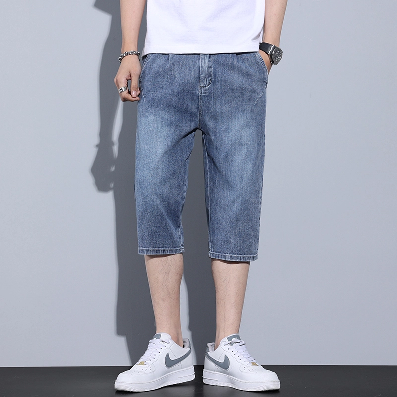 么宁 夏季薄款潮流时尚合身直筒七分裤简约百搭舒适透气弹力休闲个性痞帅牛仔短裤 男女同款