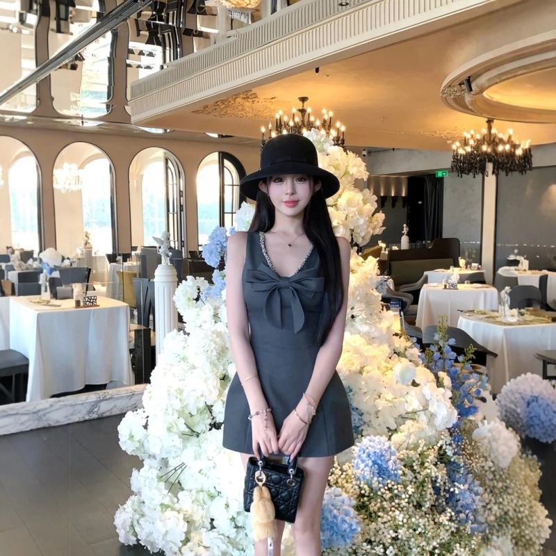 格子苔 千金风甜美短裙夏季收腰显瘦设计感气质性感法式背心女无袖连衣裙 女款