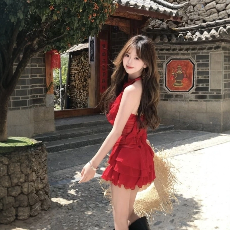 格子苔 纯欲风荷叶边沙滩海边度假舒适纯色无袖连衣裙 女款