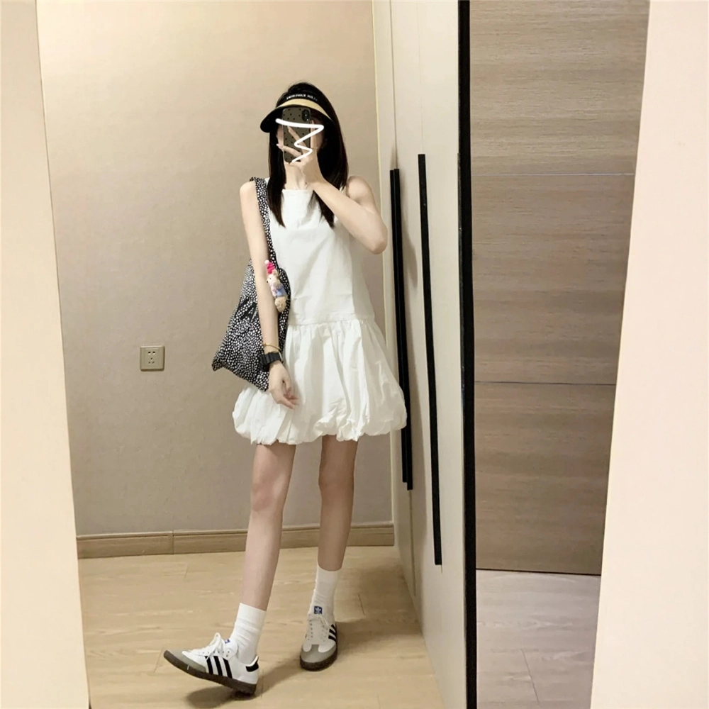 格子苔 法式花苞子小个子背心小众蓬蓬无袖连衣裙 女款