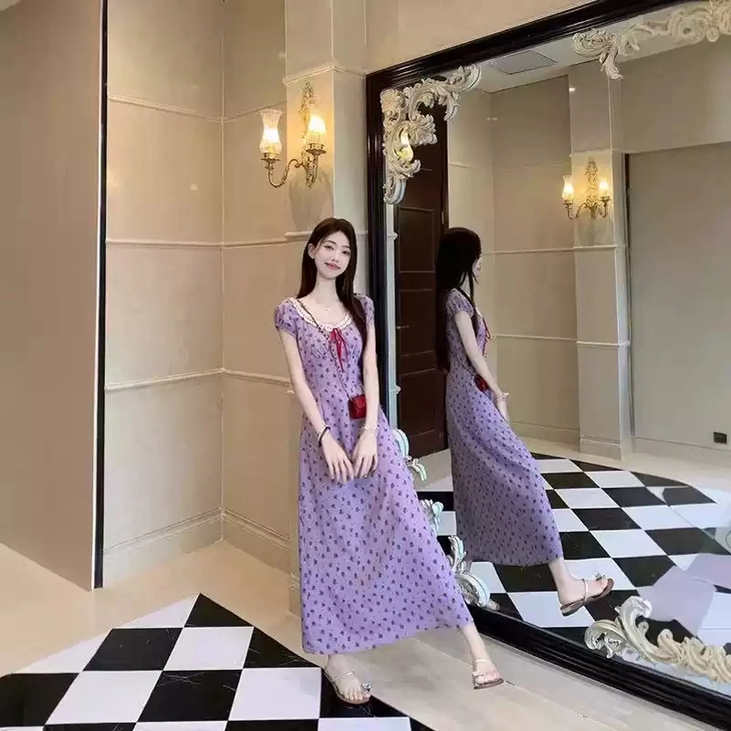 格子苔 多巴胺碎花日常穿搭法式短袖连衣裙 女款