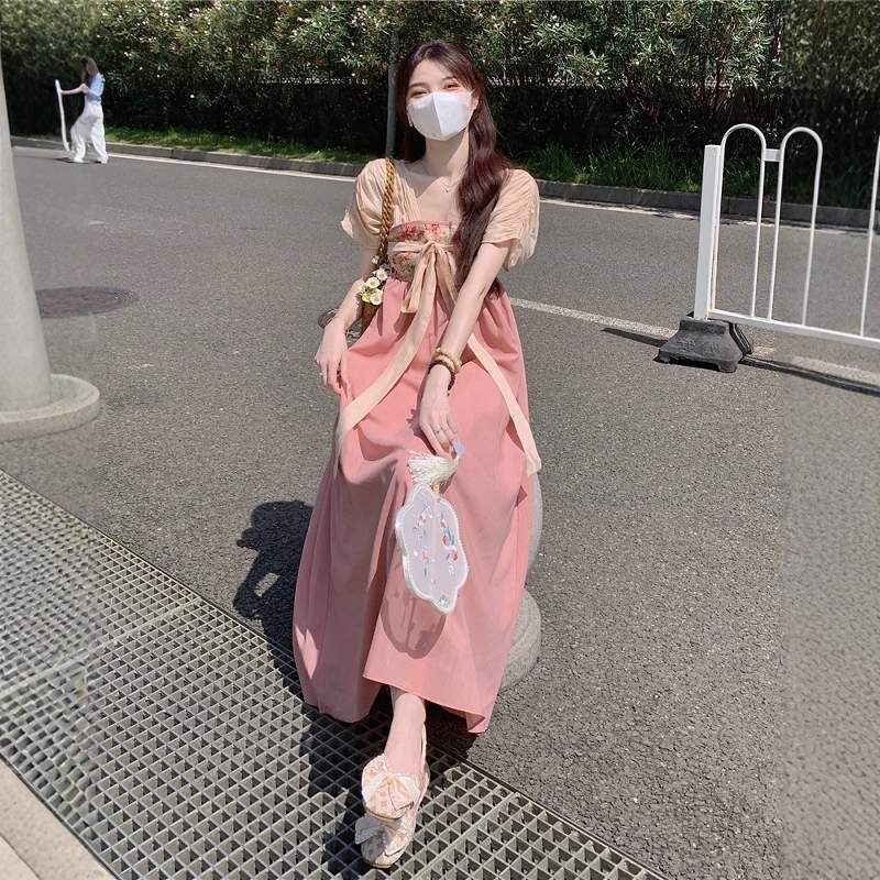 格子苔 汉服仙气温婉小众高级复古气质古风日常垂感长裙短袖连衣裙 女款