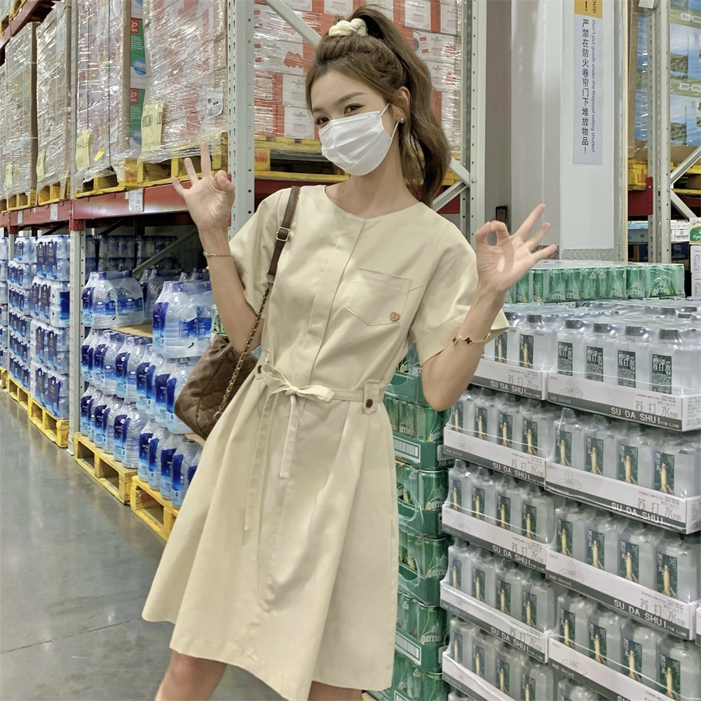格子苔 韩系简约女夏小个子显瘦显高小清新收腰短袖连衣裙 女款