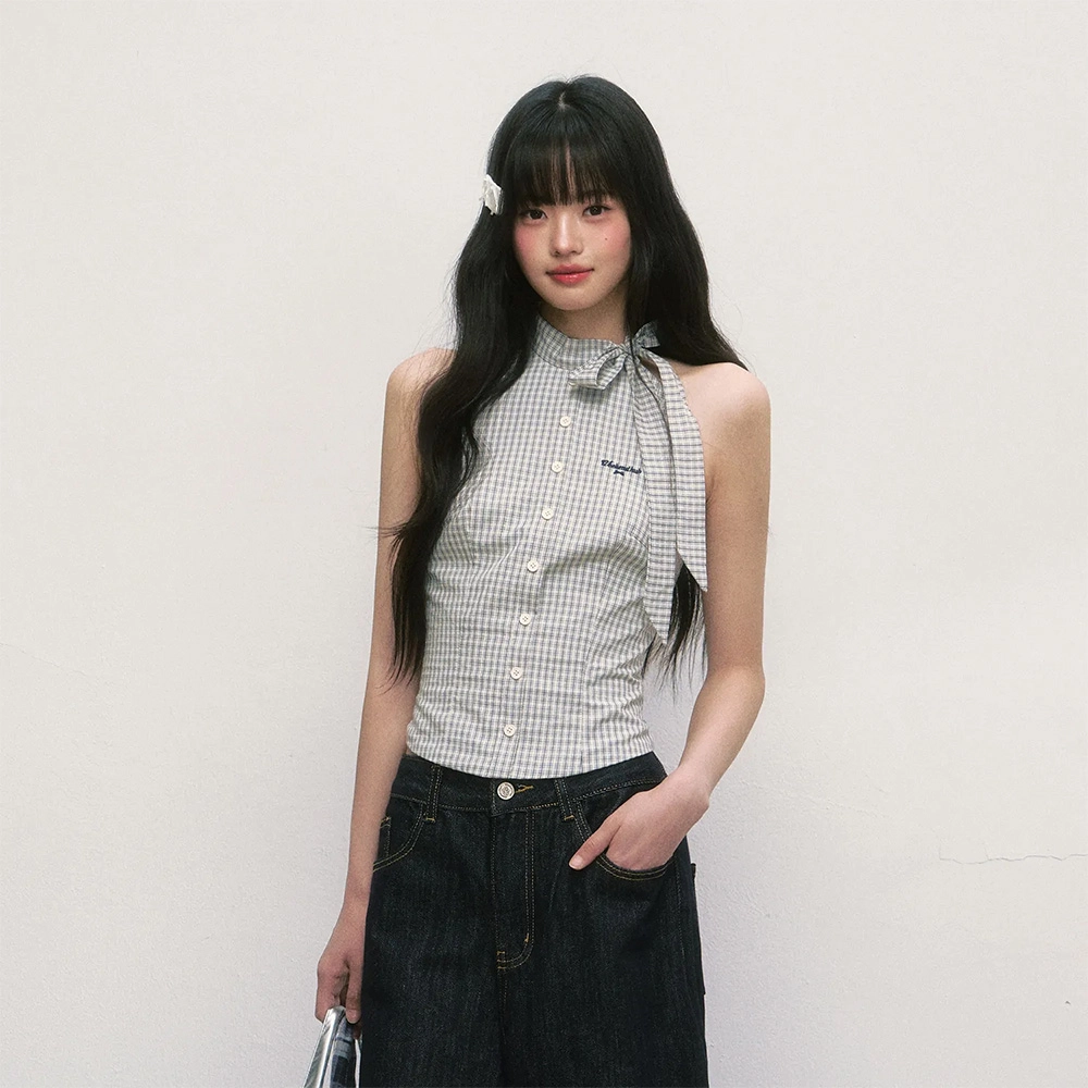 格子苔 格子无袖高级感露肩绝美法式外穿背心 女款