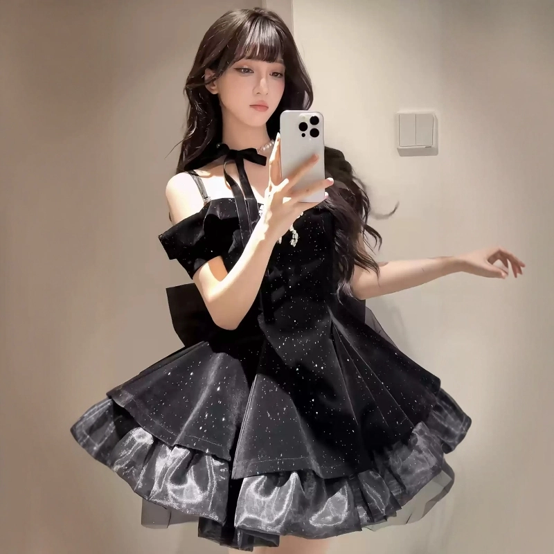 格子苔 法式甜辣妹女夏季高级感赫本风公主裙收腰服蓬蓬裙子吊带连衣裙 女款