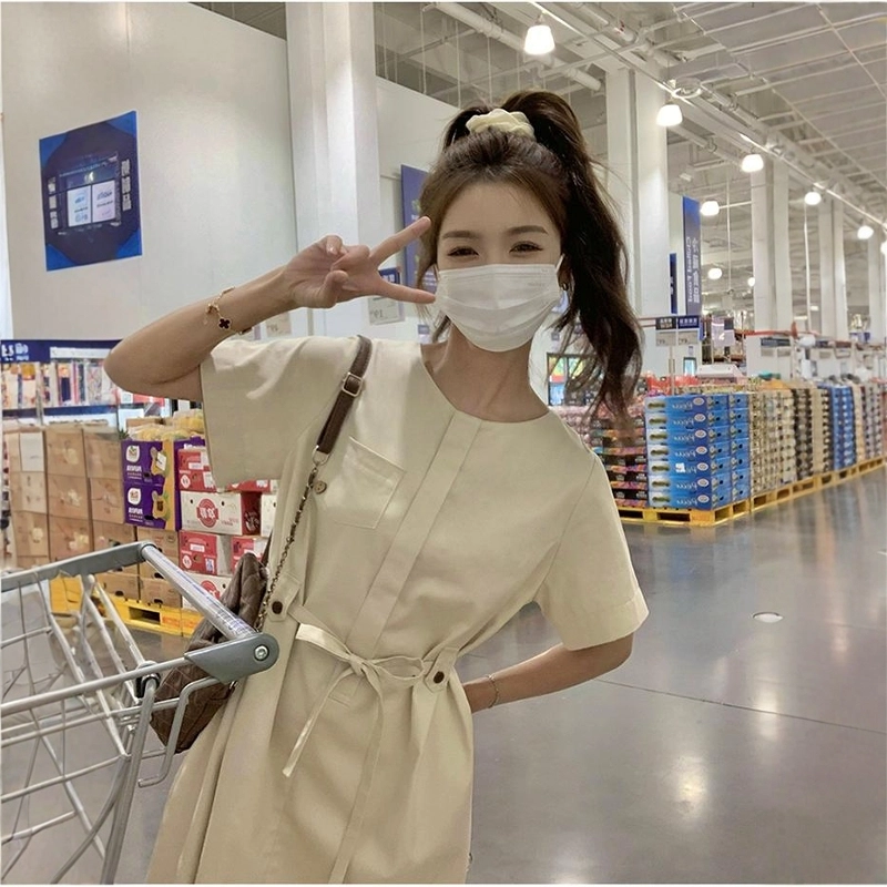 格子苔 韩系简约女夏小个子显瘦显高小清新收腰短袖连衣裙 女款