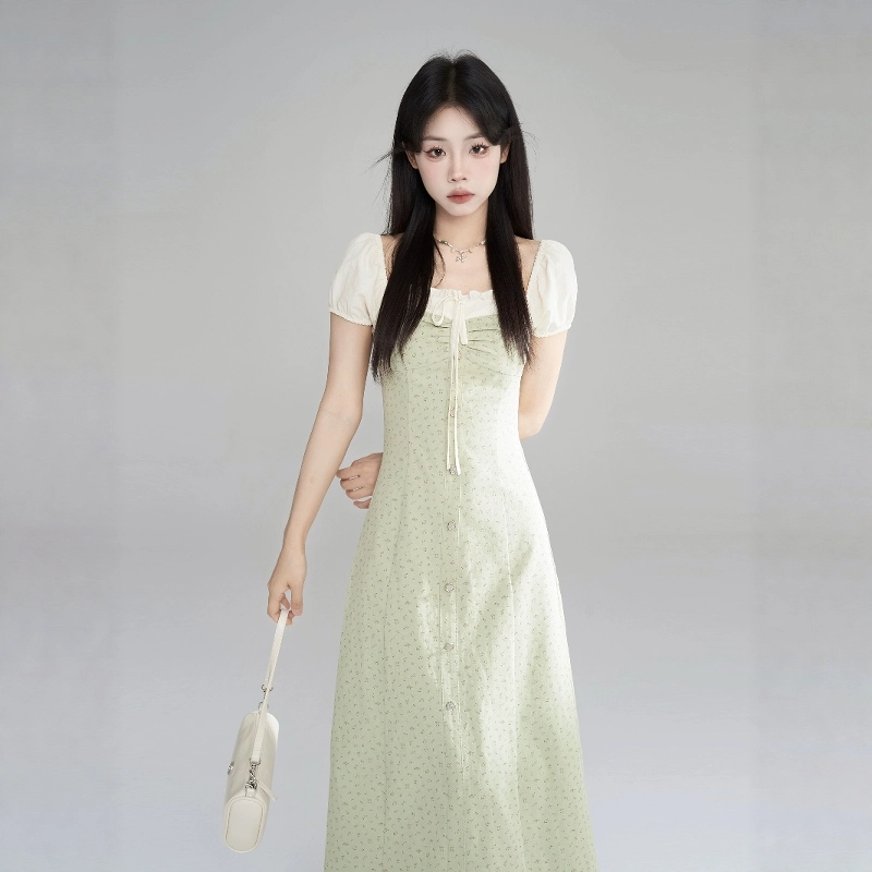 格子苔 方领女夏季收腰显瘦气质拼色长裙子短袖连衣裙 女款
