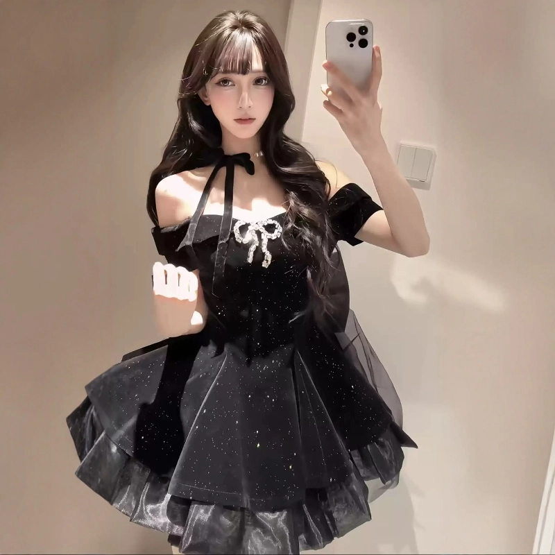格子苔 法式甜辣妹女夏季高级感赫本风公主裙收腰服蓬蓬裙子吊带连衣裙 女款