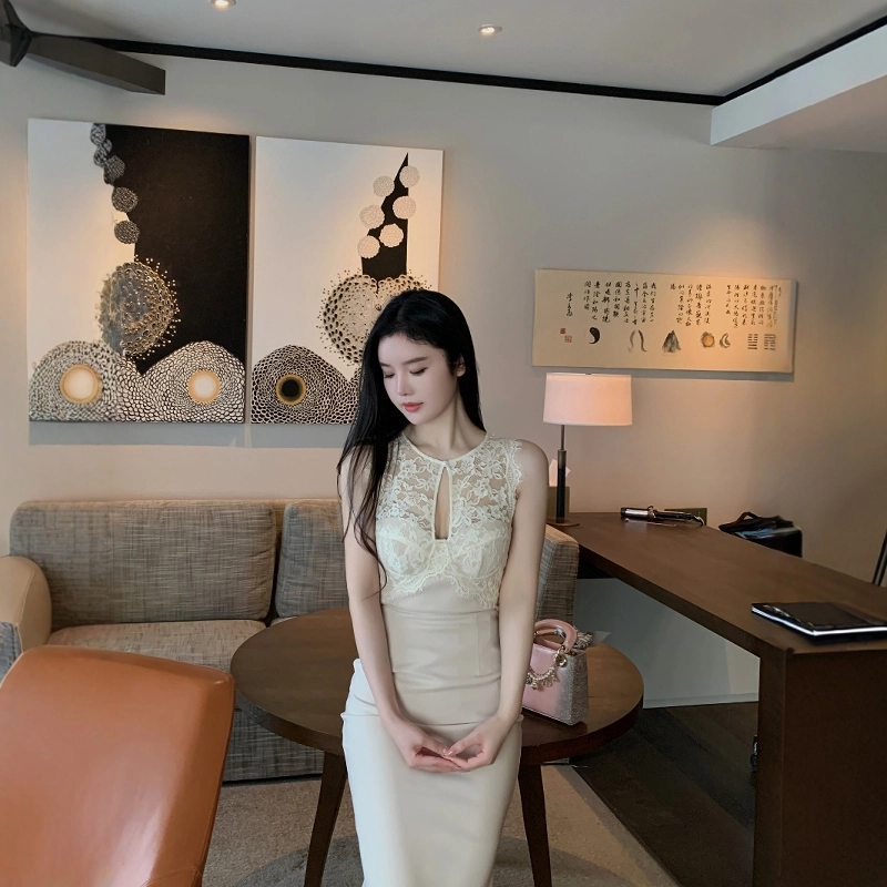 格子苔 蕾丝拼接镂空设计感女修身气质包臀裙无袖连衣裙 女款