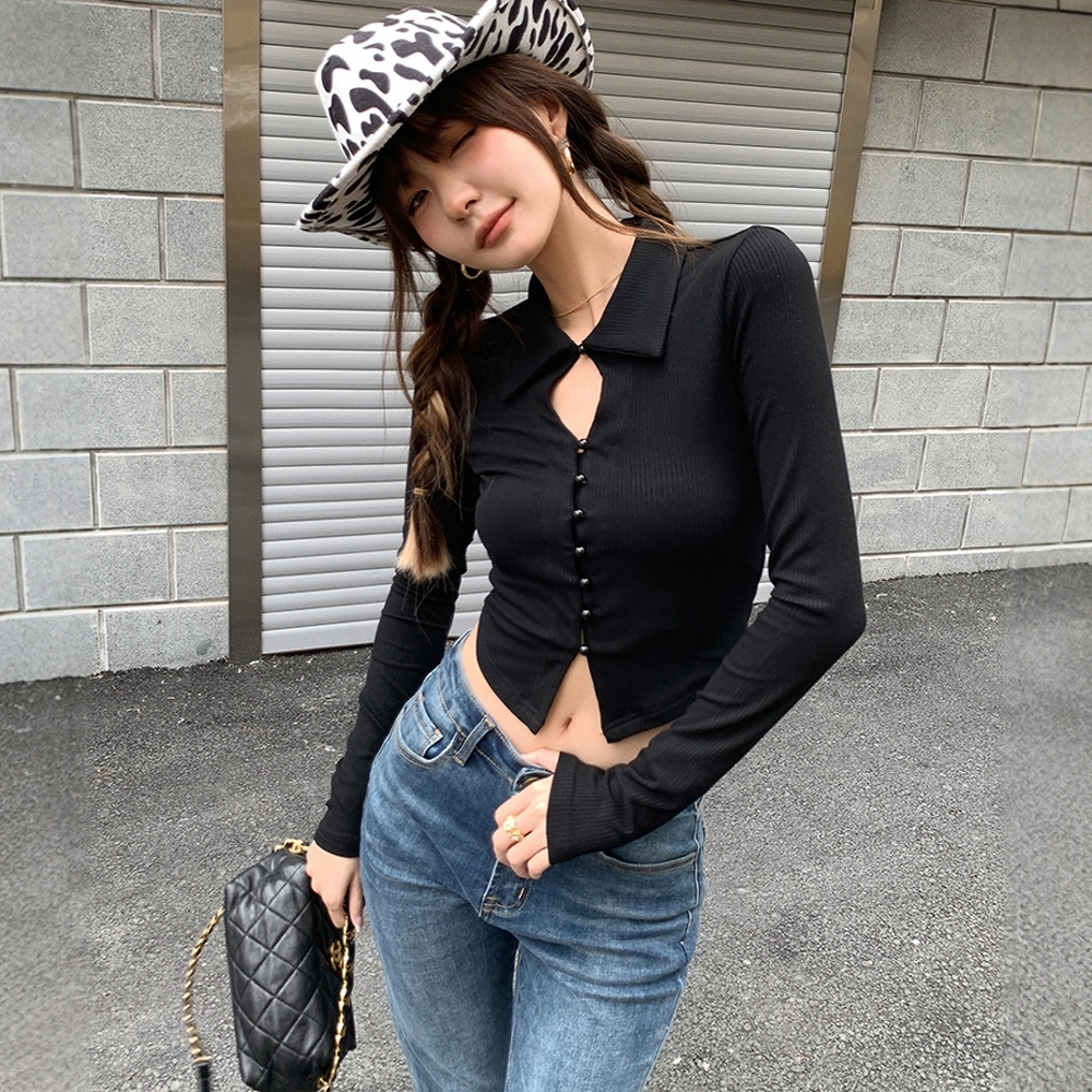 格子苔 设计感小众辣妹修身短款长袖内搭紧身衬衣上衣针织衫 女款