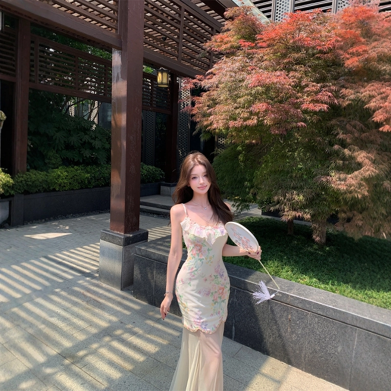 格子苔 荷叶边法式印花女夏季网纱拼接收腰裙子温柔风包臀长裙 吊带连衣裙 女款