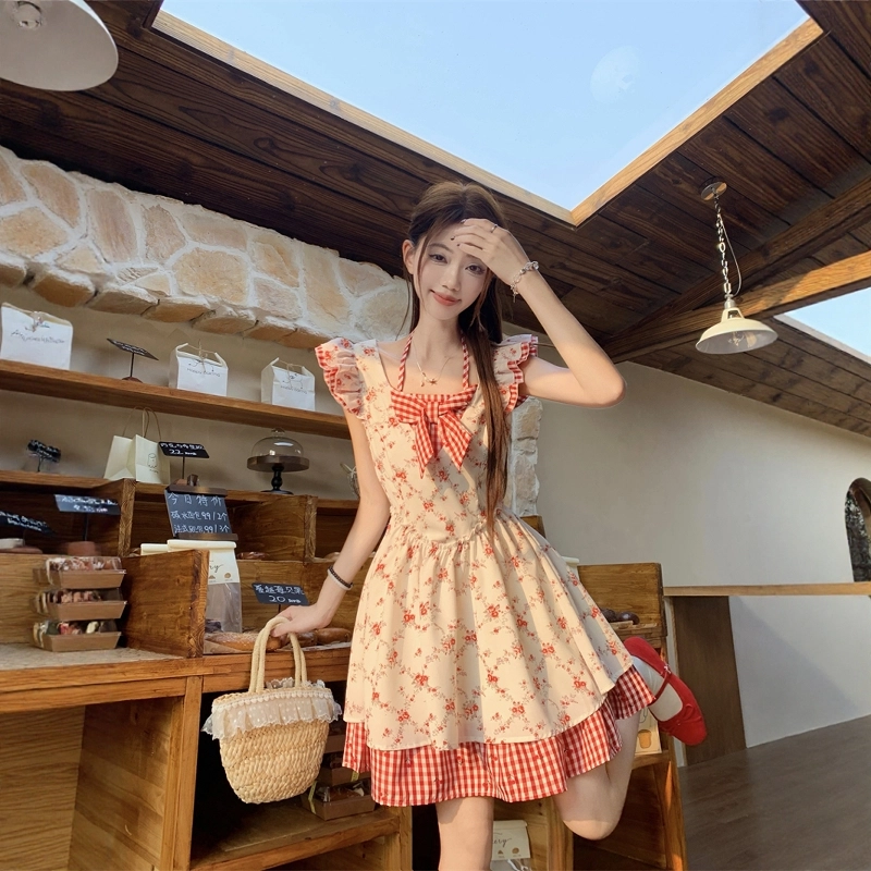 格子苔 法式可爱甜美女初恋小个子收腰吊带蓬蓬短裙子无袖连衣裙 女款