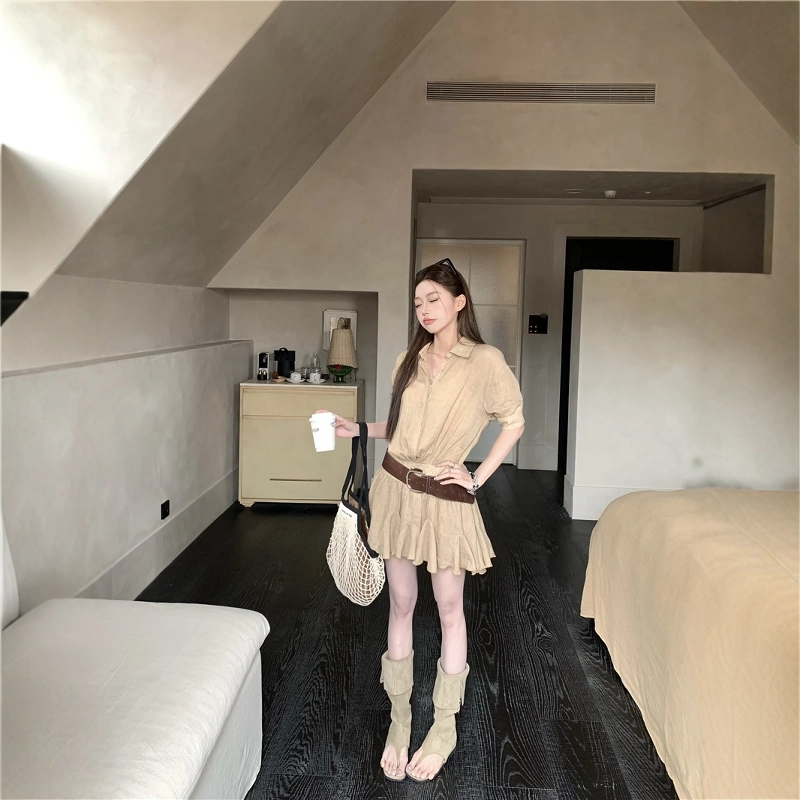 格子苔 高级感显瘦翻领衬衫女夏季复古气质百褶裙短裙短袖连衣裙  女款