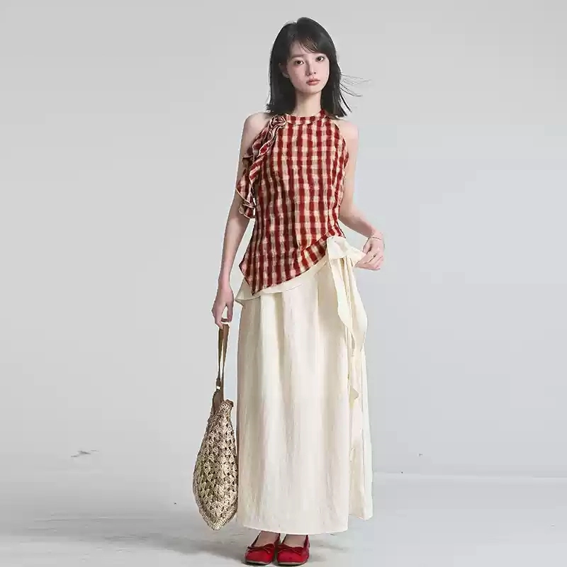 格子苔 韩式不规则挂脖无袖格子背心上衣半身裙两件套裙装套装 女款
