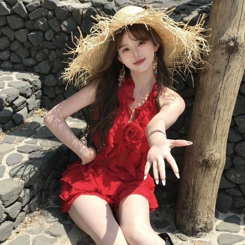 格子苔 纯欲风荷叶边沙滩海边度假舒适纯色无袖连衣裙 女款