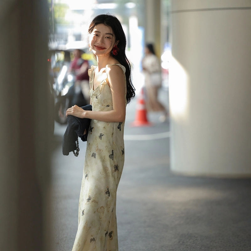 格子苔 新中式碎花法式纯欲温柔无袖裙子度假长裙吊带连衣裙 女款