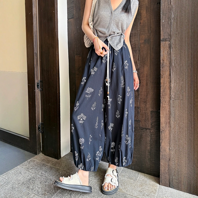 格子苔 法式印花棉麻八九分裤女夏薄款小个子显瘦宽松垂感冰丝灯笼裤 休闲裤 女款