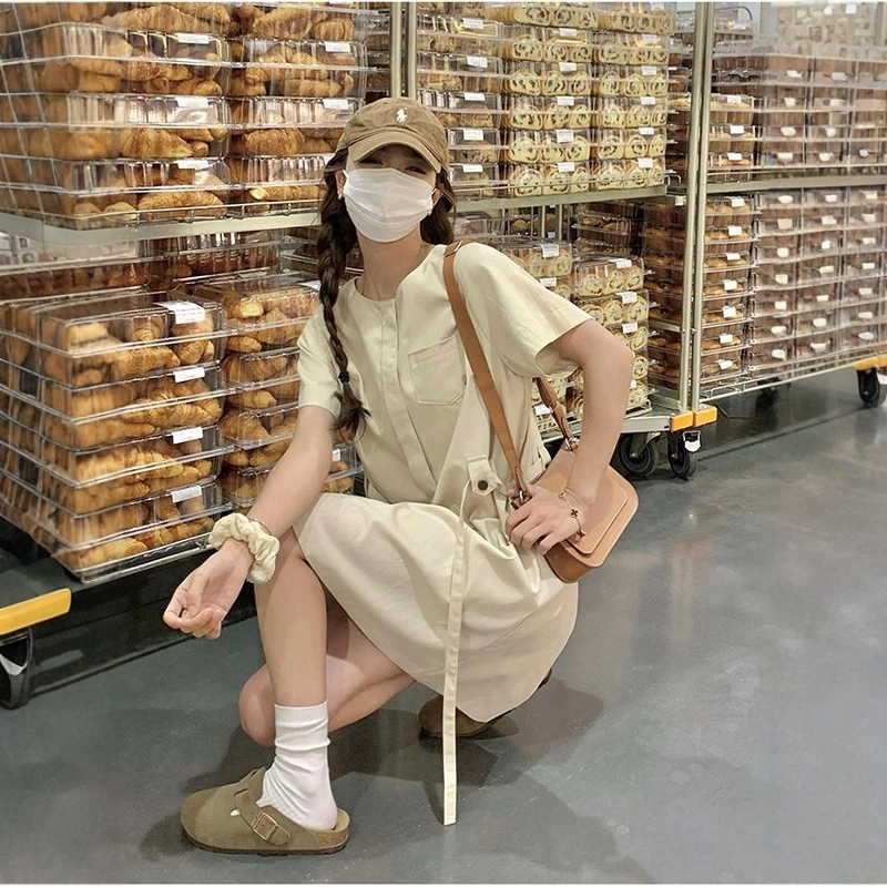 格子苔 韩系简约女夏小个子显瘦显高小清新收腰短袖连衣裙 女款
