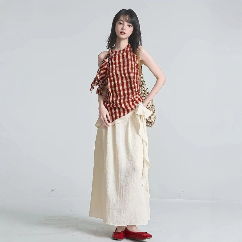 格子苔 韩式不规则挂脖无袖格子背心上衣半身裙两件套裙装套装 女款