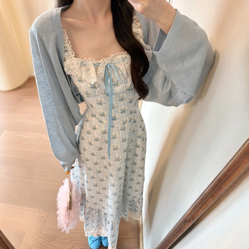 格子苔 蕾丝吊带碎花子气质绝美海边度假风长裙无袖连衣裙 女款