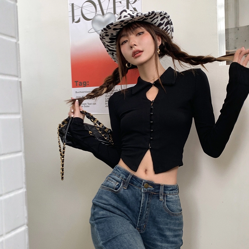 格子苔 设计感小众辣妹修身短款长袖内搭紧身衬衣上衣针织衫 女款
