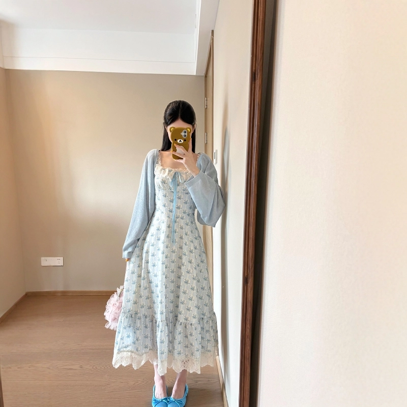 格子苔 蕾丝吊带碎花子气质绝美海边度假风长裙无袖连衣裙 女款