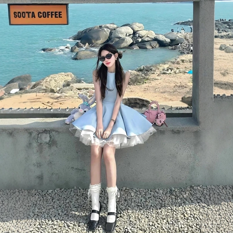 格子苔 法式赫本风网纱拼接女夏季气质收腰蓬蓬公主裙 无袖连衣裙 女款
