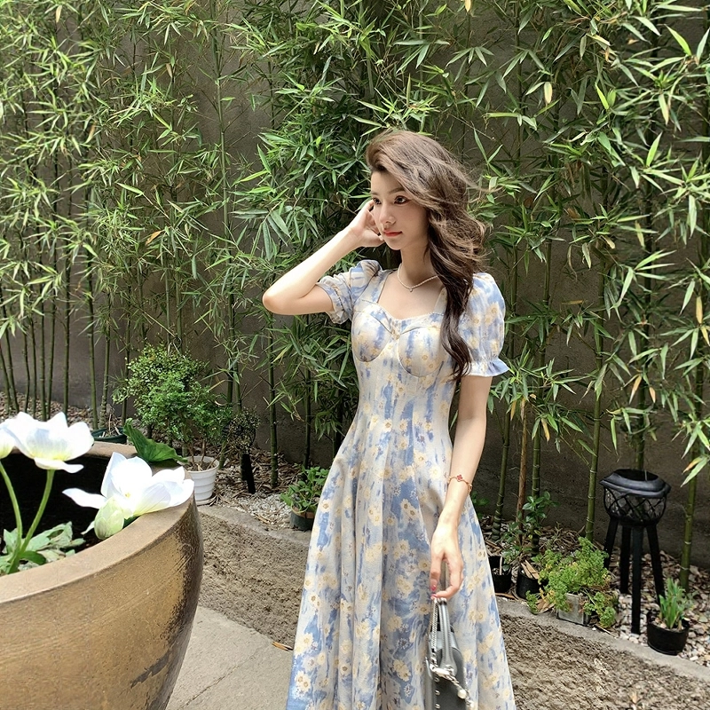 格子苔 法式方领油画风碎花短袖连衣裙 女款