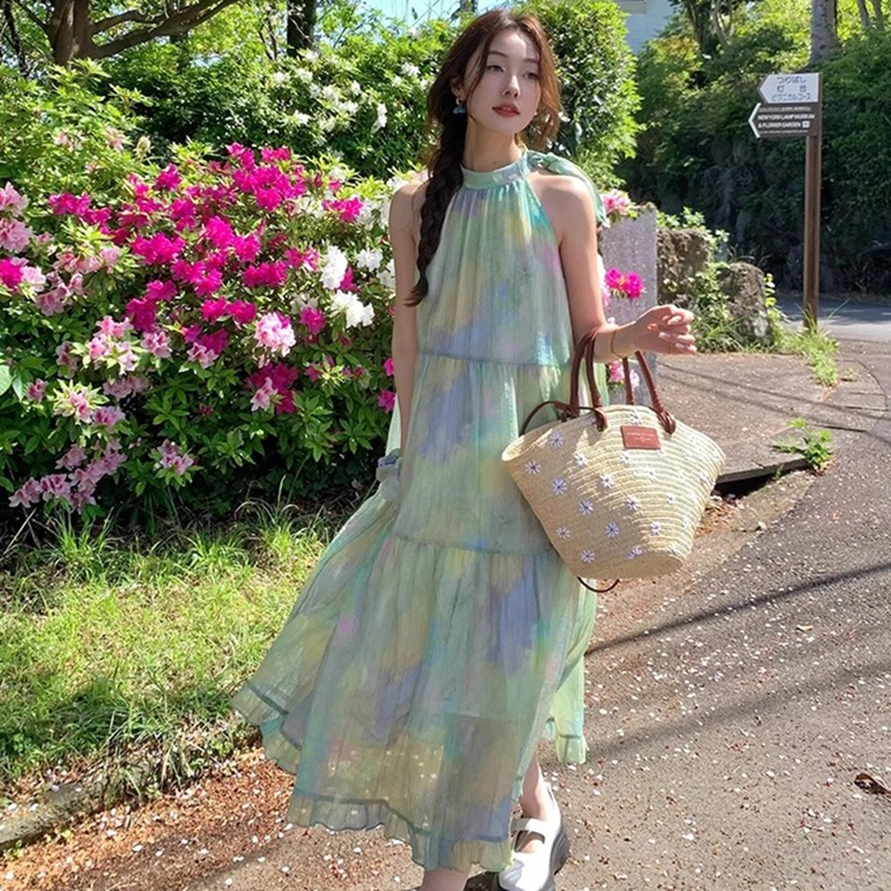 格子苔 夏季扎染绑带蓬蓬裙高级感小众宽松显瘦少女初恋气质女无袖连衣裙 女款