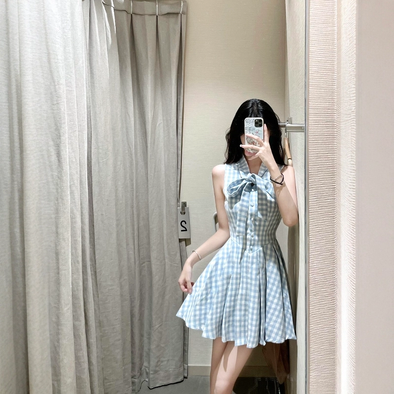 格子苔 法式甜美格子蝴蝶结气质百褶短裙无袖连衣裙 女款
