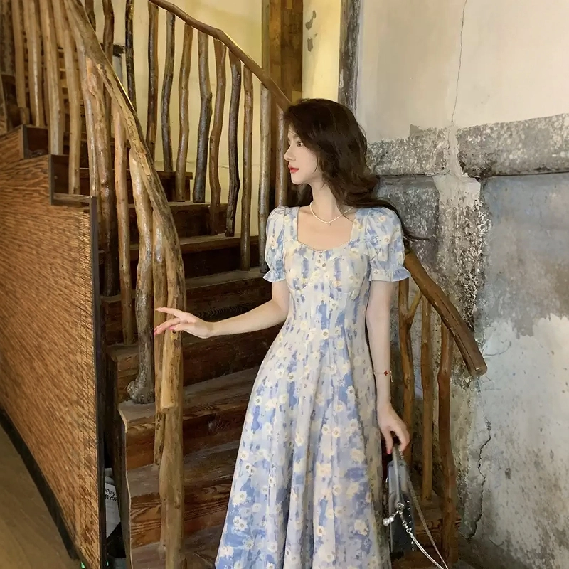格子苔 法式方领油画风碎花短袖连衣裙 女款