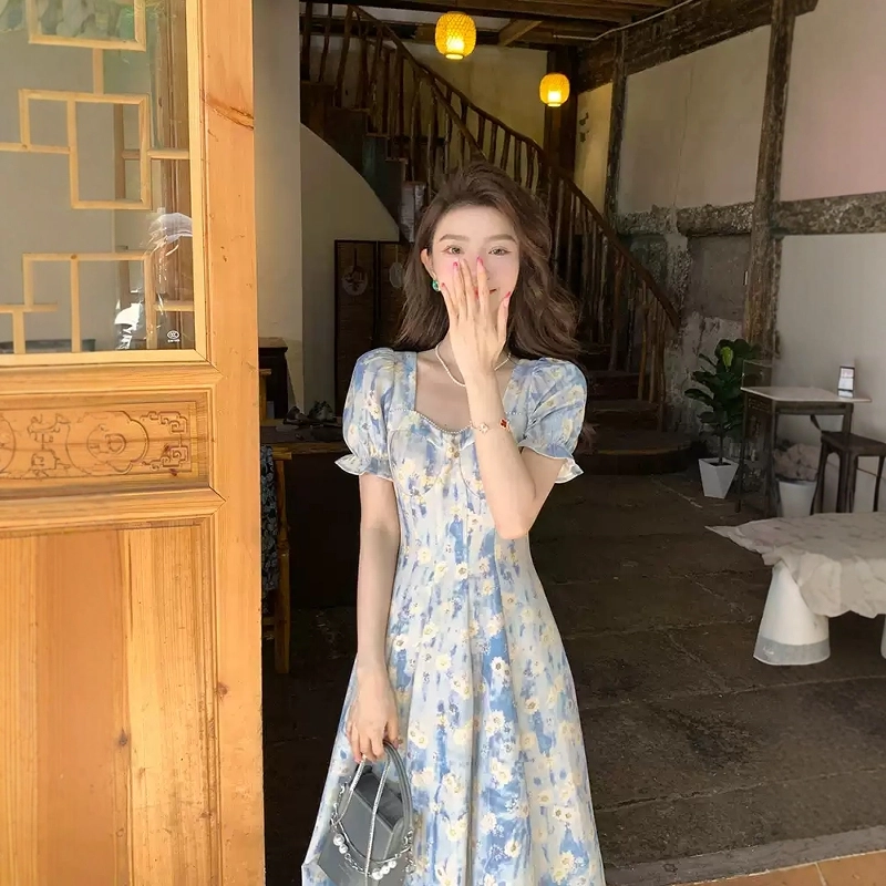 格子苔 法式方领油画风碎花短袖连衣裙 女款
