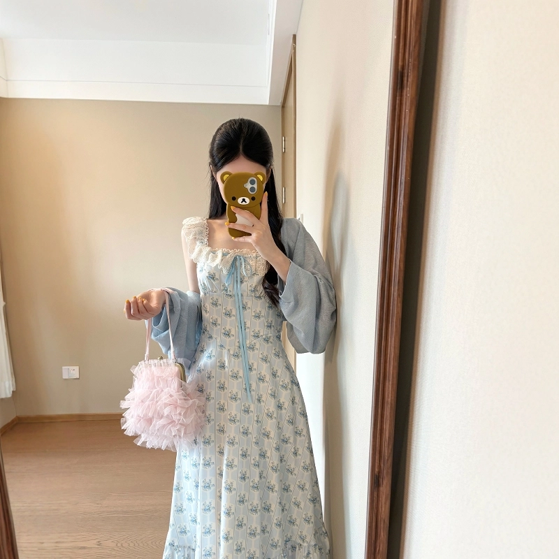 格子苔 蕾丝吊带碎花子气质绝美海边度假风长裙无袖连衣裙 女款