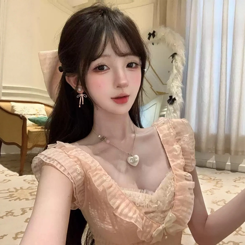 格子苔 少女风甜美短裙春夏收腰显瘦小众设计感蕾丝拼接刺绣小飞袖无袖连衣裙 女款