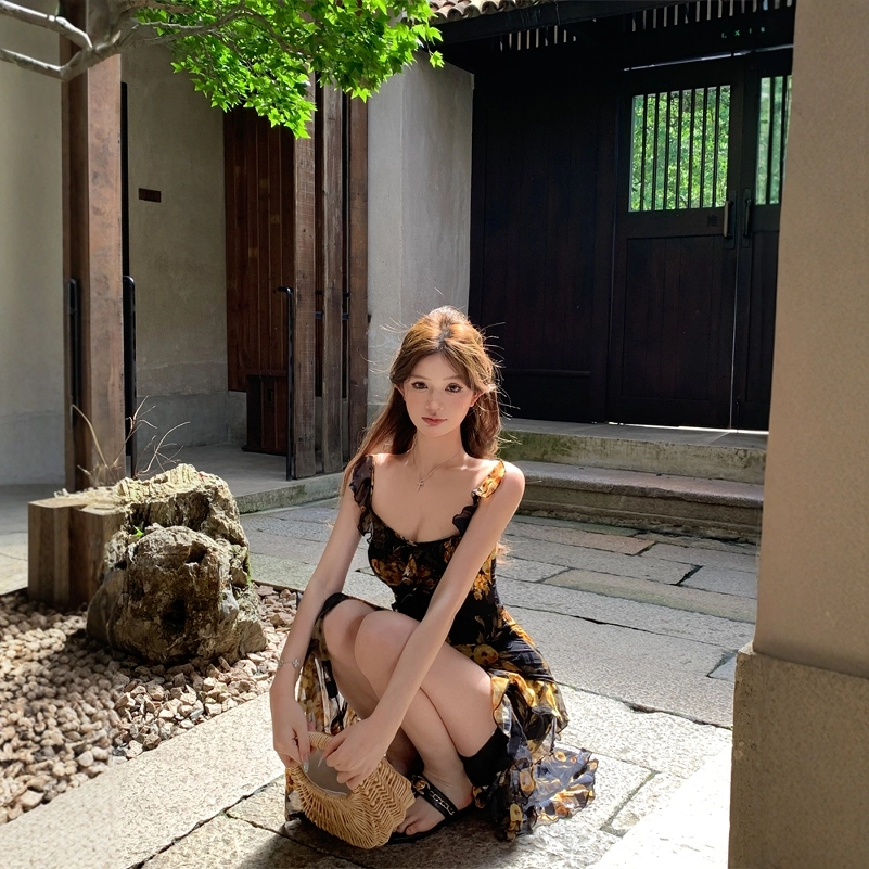 格子苔 复古荷叶边碎花女夏季鱼尾裙修身收腰开叉长裙包臀裙子吊带连衣裙 女款