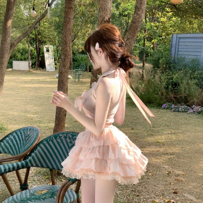格子苔 夏季收腰显瘦纯欲风小众设计感蕾丝拼接蝴蝶结挂脖无袖连衣裙 女款