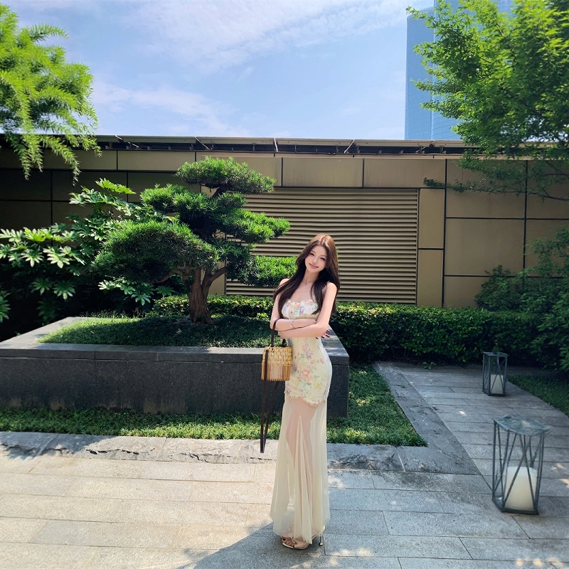 格子苔 荷叶边法式印花女夏季网纱拼接收腰裙子温柔风包臀长裙 吊带连衣裙 女款