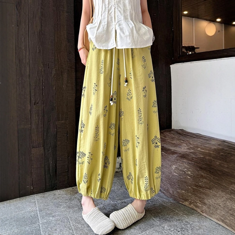 格子苔 法式印花棉麻八九分裤女夏薄款小个子显瘦宽松垂感冰丝灯笼裤 休闲裤 女款