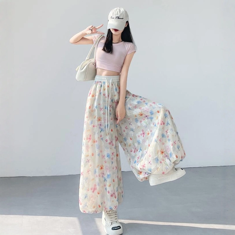 格子苔 碎花花苞阔腿裤女夏季薄款小个子冰丝高腰垂感直筒灯笼休闲裤 女款