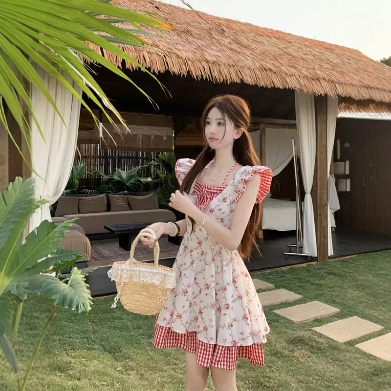 格子苔 法式可爱甜美女初恋小个子收腰吊带蓬蓬短裙子无袖连衣裙 女款