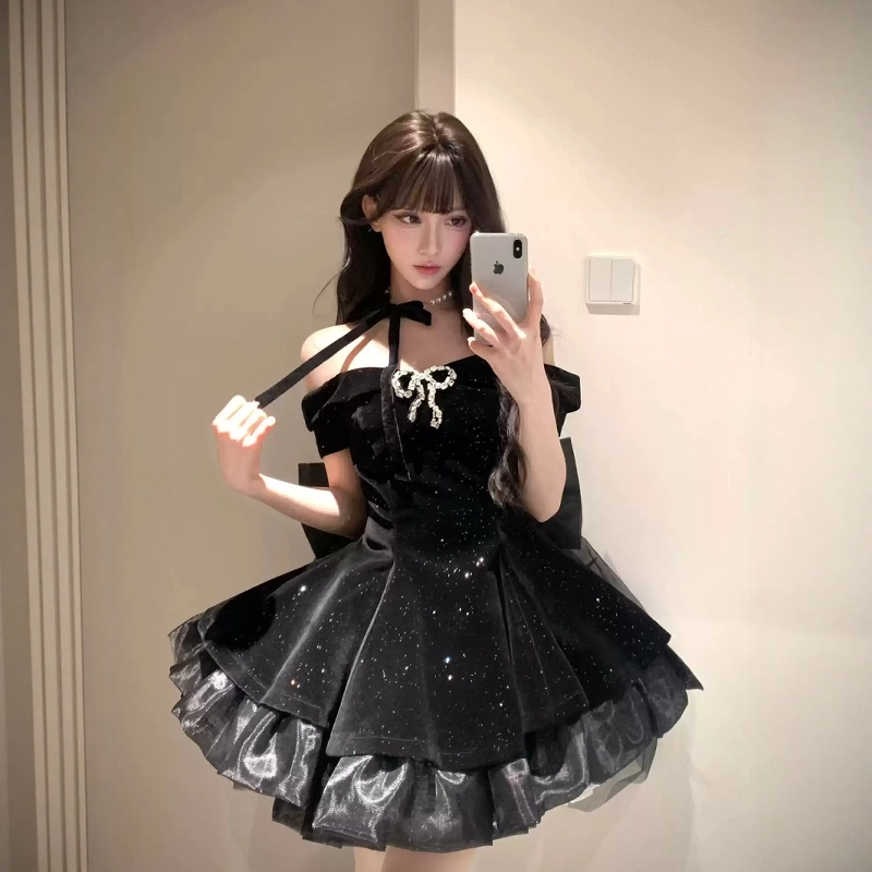 格子苔 法式甜辣妹女夏季高级感赫本风公主裙收腰服蓬蓬裙子吊带连衣裙 女款