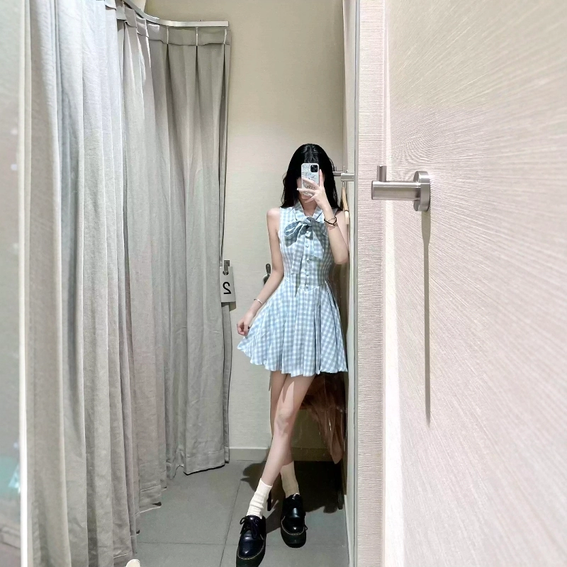 格子苔 法式甜美格子蝴蝶结气质百褶短裙无袖连衣裙 女款