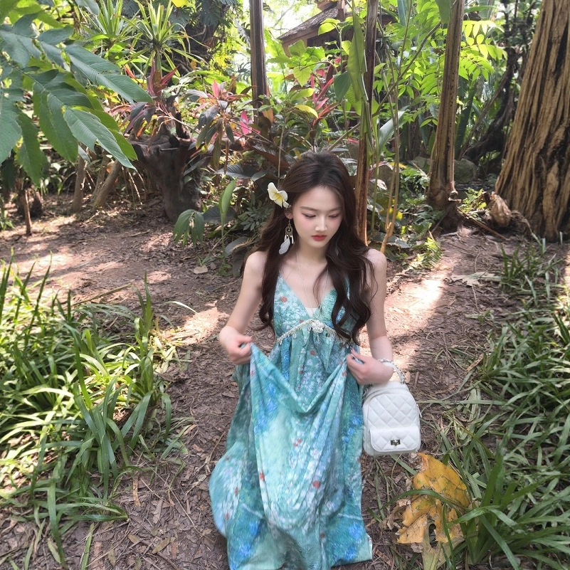 格子苔 绿野仙踪森系女夏晕染碎花裙云南泰国海边度假长裙吊带连衣裙 女款