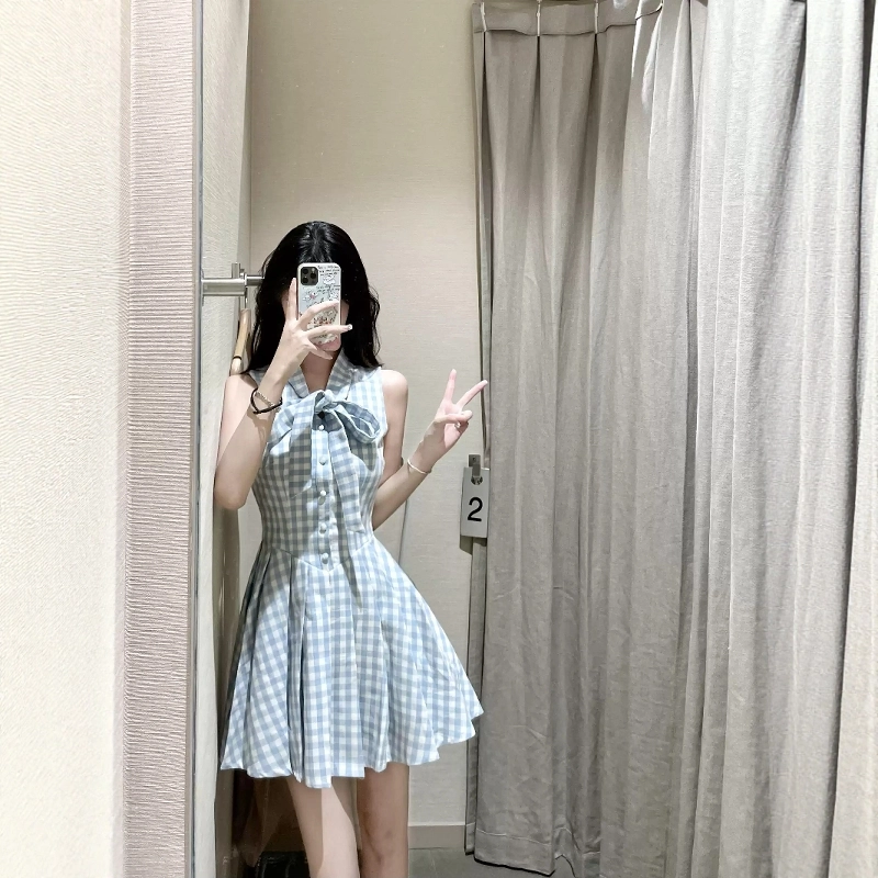 格子苔 法式甜美格子蝴蝶结气质百褶短裙无袖连衣裙 女款