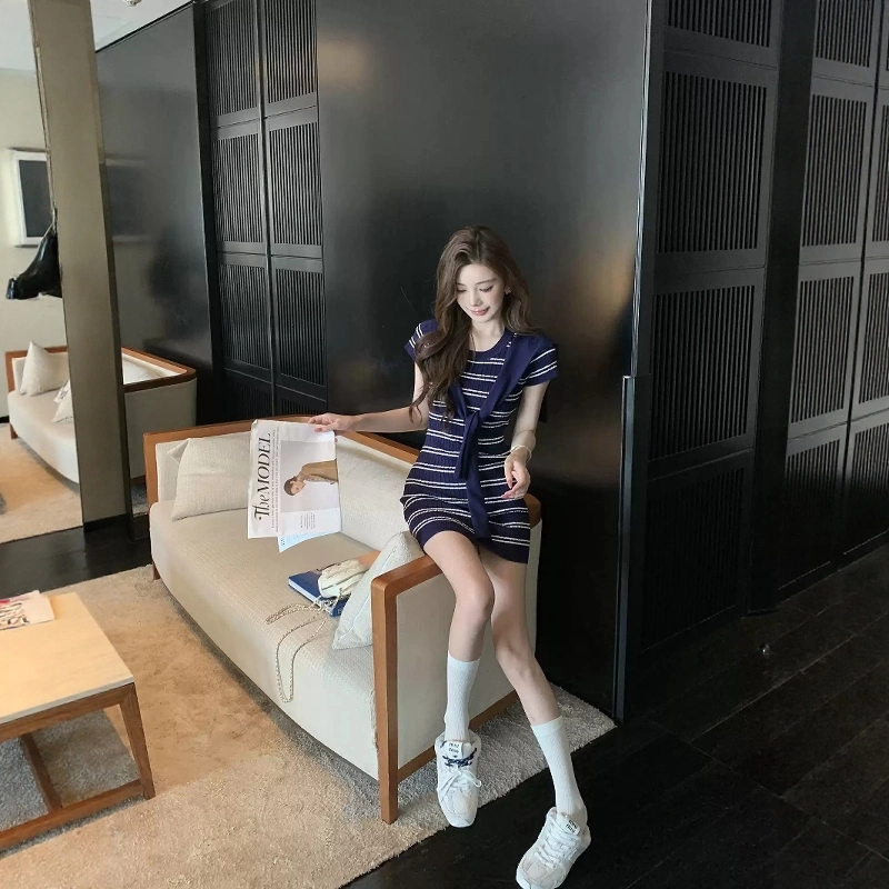 格子苔 纯欲性感针织女夏季修身显瘦条纹包臀短裙披肩套装 短袖连衣裙 女款