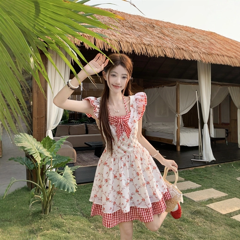 格子苔 法式可爱甜美女初恋小个子收腰吊带蓬蓬短裙子无袖连衣裙 女款