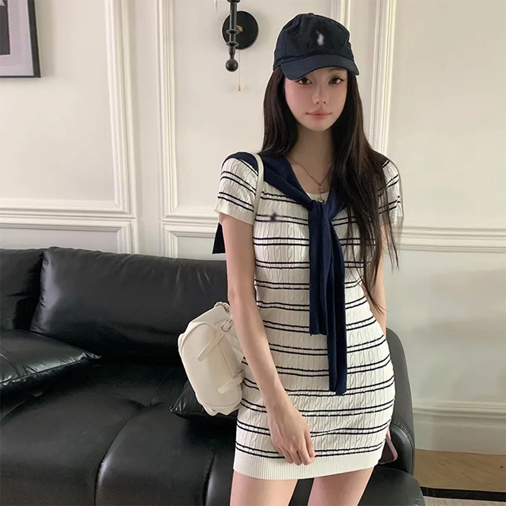 格子苔 纯欲性感针织女夏季修身显瘦条纹包臀短裙披肩套装 短袖连衣裙 女款