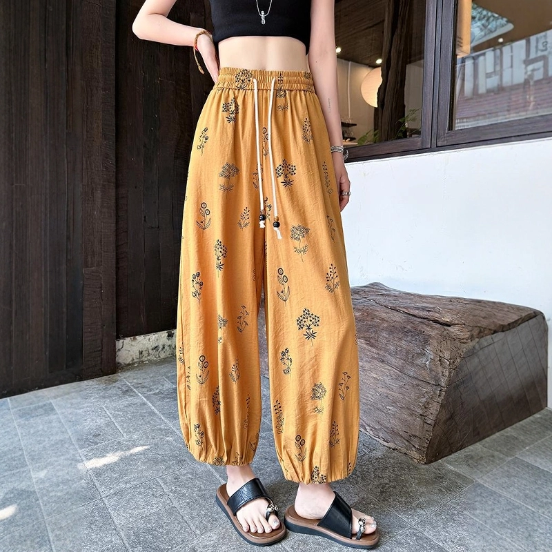格子苔 法式印花棉麻八九分裤女夏薄款小个子显瘦宽松垂感冰丝灯笼裤 休闲裤 女款