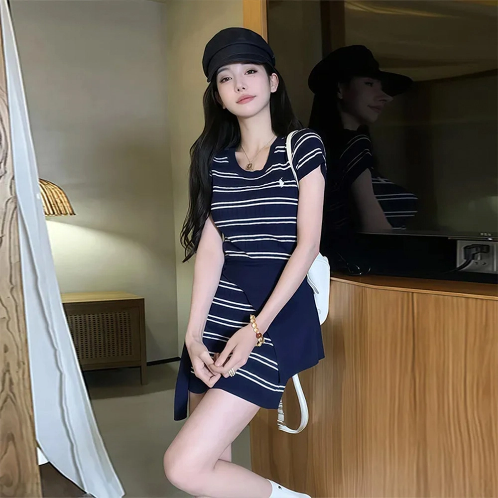 格子苔 纯欲性感针织女夏季修身显瘦条纹包臀短裙披肩套装 短袖连衣裙 女款